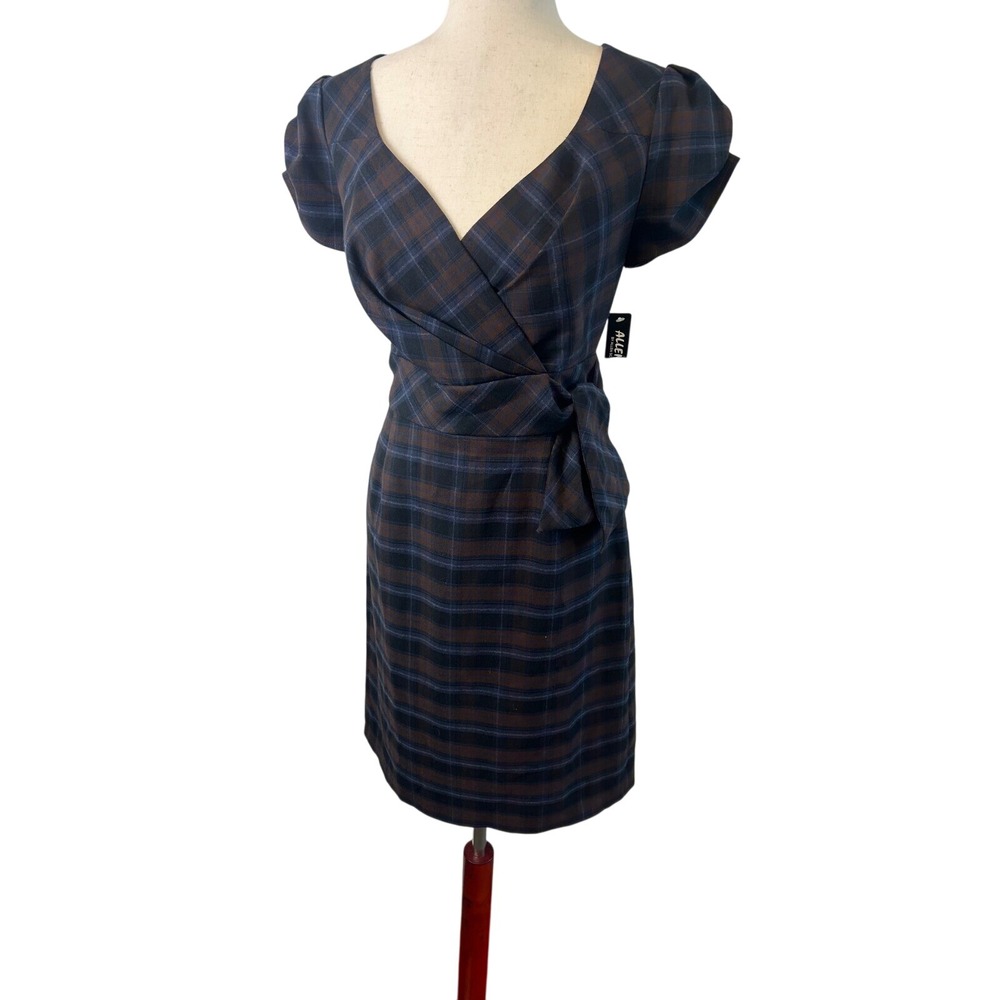 New Allen B Plaid Dress Women's Size 10 Brown Blue Puff Sleeve Career Party